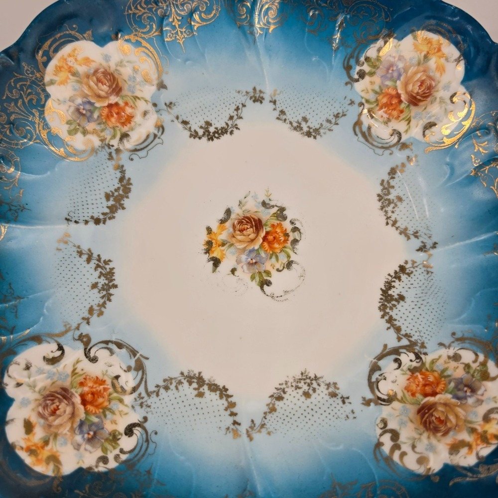 Antique German Porcelain Bowl Teal Blue Ombre Roses Gold Scrollwork Crown Mark - Picture 2 of 9